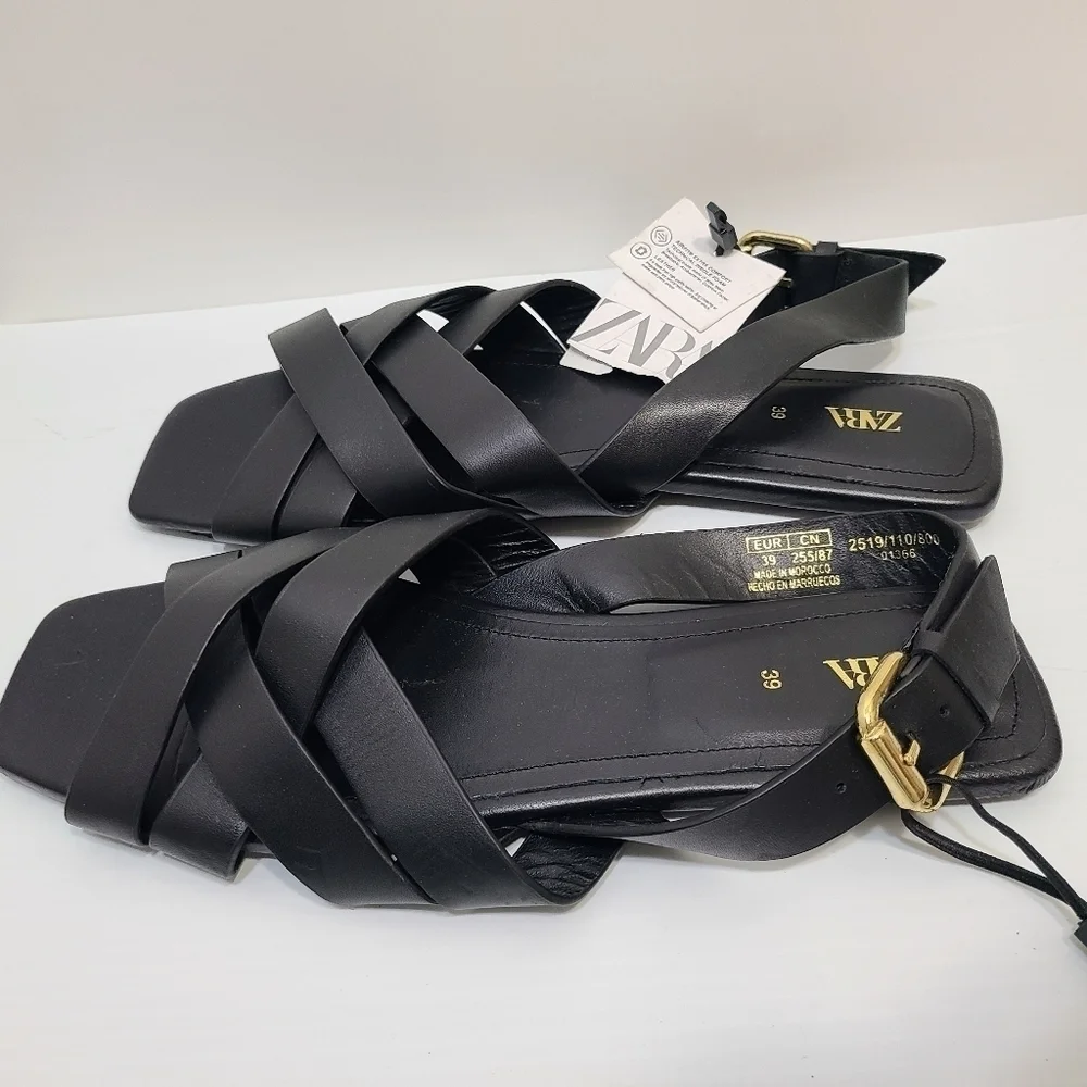 ZARA STRAPPY LEATHER SANDALS BLACK SIZE 8 | 2519/110/800